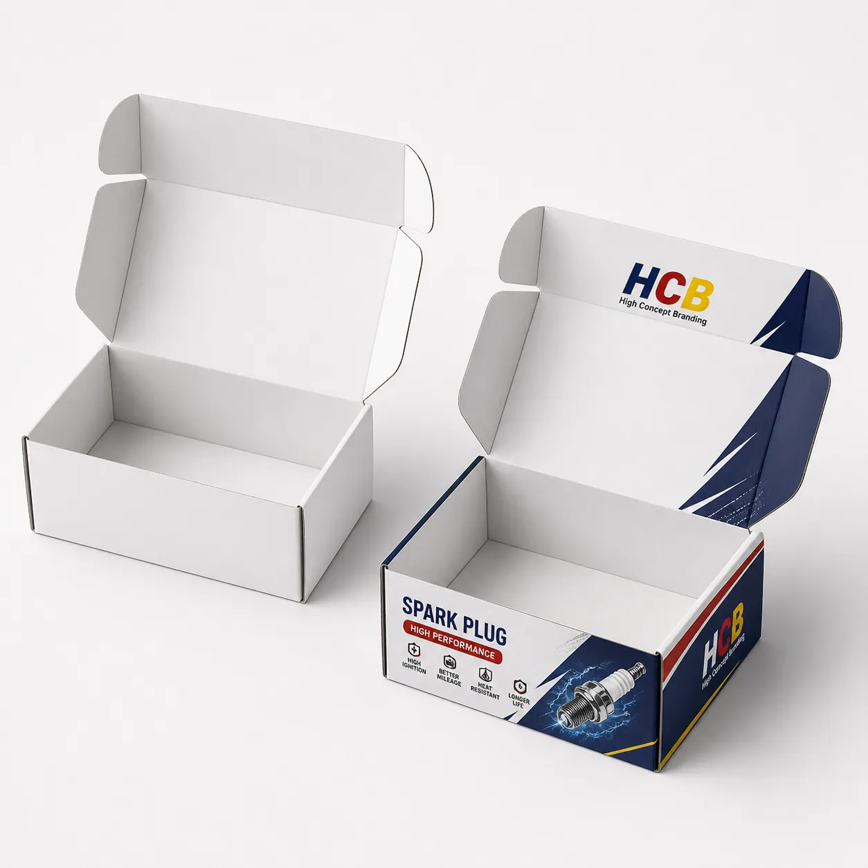 Two sleek black and yellow spark plug boxes featuring professional automotive branding and technical illustrations. class=